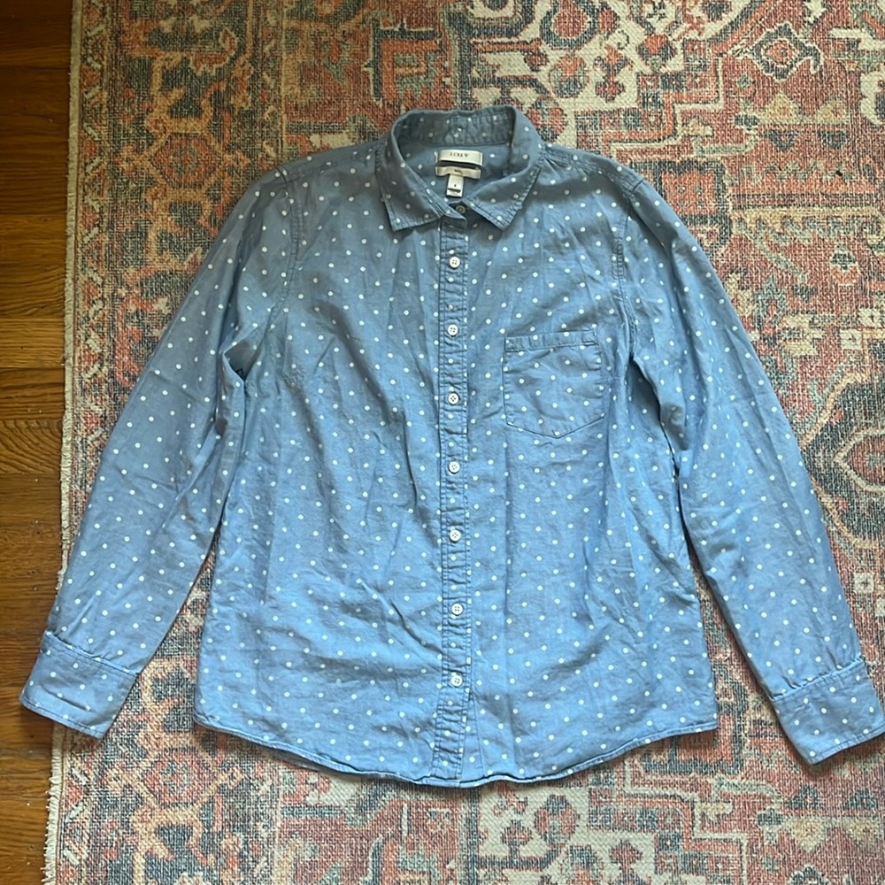 J Crew Boy Fit Polka Dot Denim/Chambray Button Up Shirt, 100% Cotton, EXCELLENT